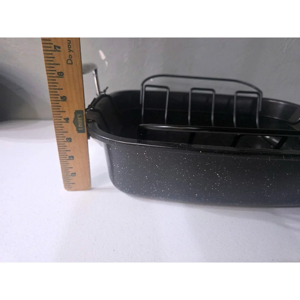 Black Speckled Enamel Roasting Pan with Removable Wire Rack & Silver Handles 16